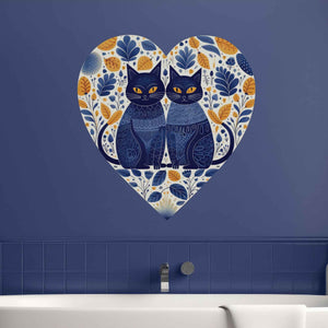 Heart Shaped Cat Wall Sticker - Folk Art Cats Decal for Cat Lovers