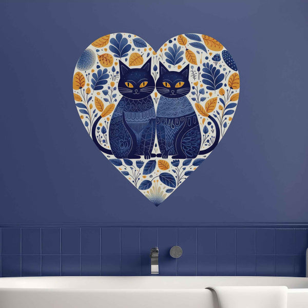 Heart Shaped Cat Wall Sticker - Folk Art Cats Decal for Cat Lovers