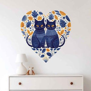 Heart Shaped Cat Wall Sticker - Folk Art Cats Decal for Cat Lovers