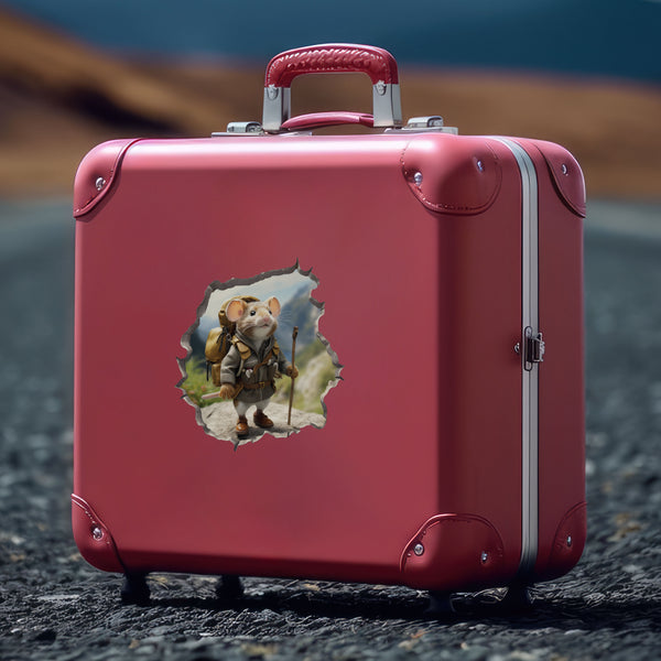 Spring Hiker Mouse decal on luggage