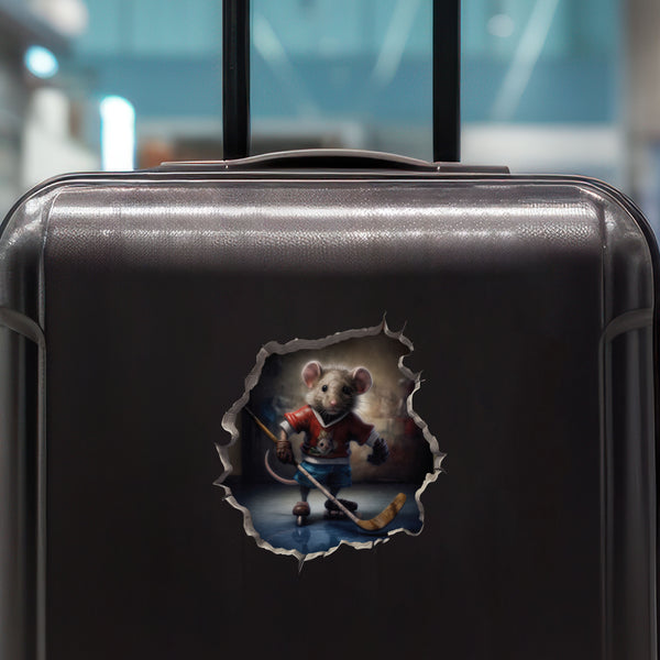 Hockey Mouse decal on luggage