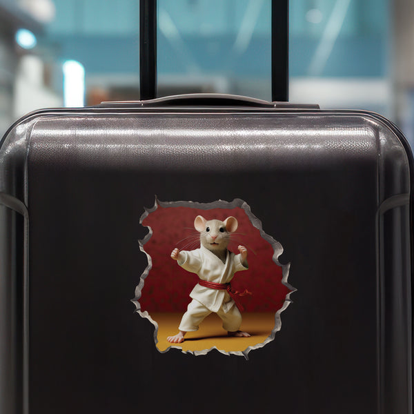 Karate Mouse decal on luggage