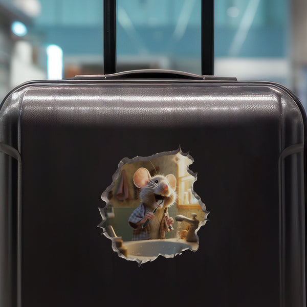 Mouse Brushing its Teeth decal on luggage