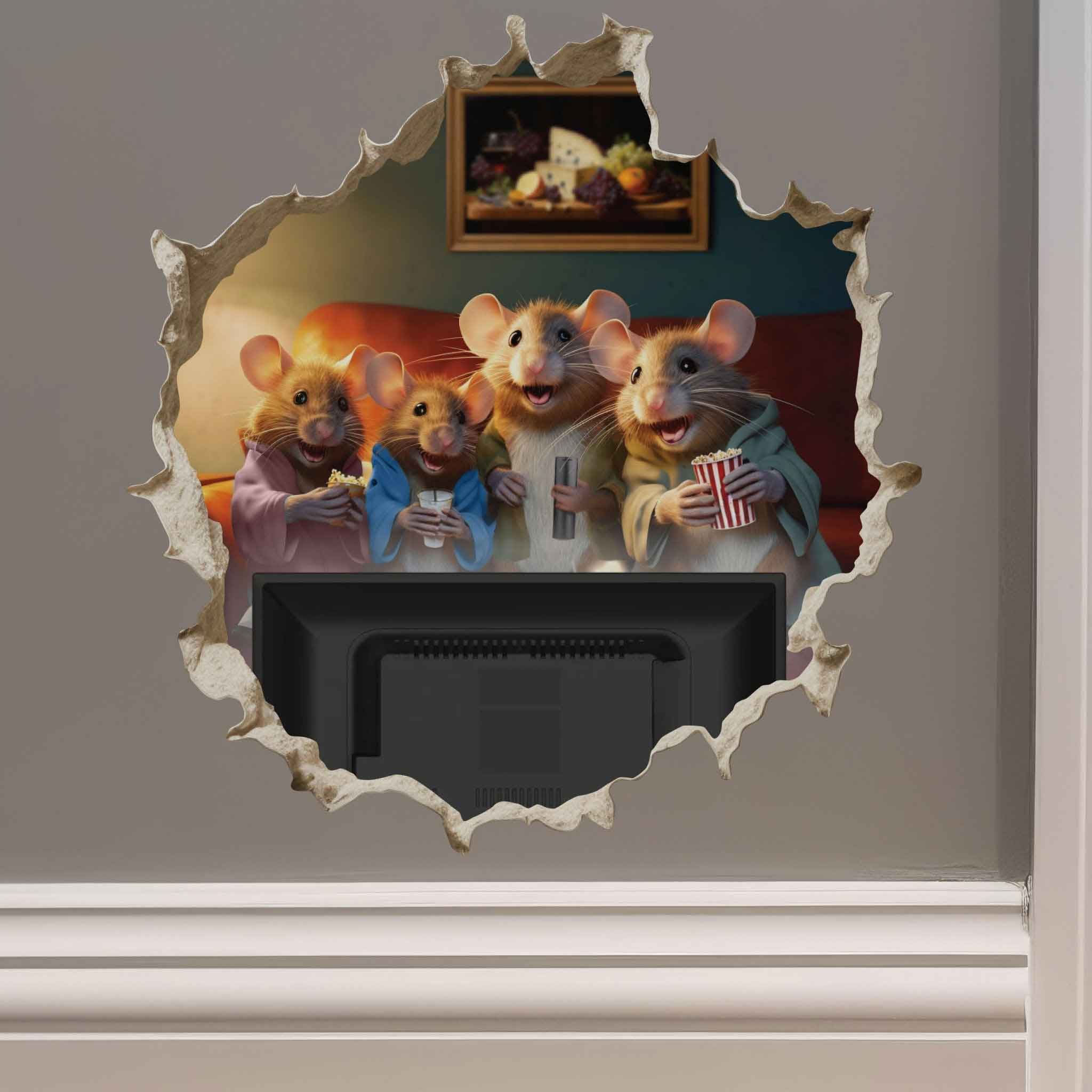 Mouse Family Watching TV - Mouse Hole 3D Wall Sticker