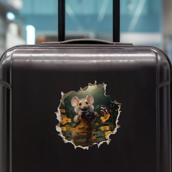 Photographer Mouse decal on luggage