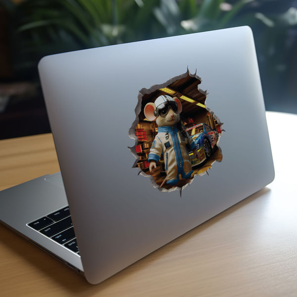Race car driver mouse decal on laptop