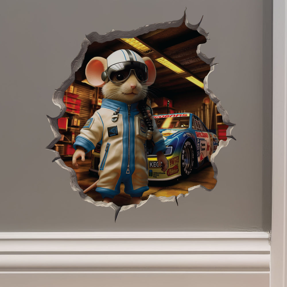 Race car driver mouse decal on wall