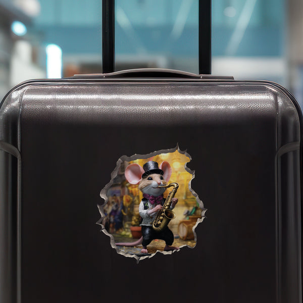 Saxophone Mouse decal on luggage