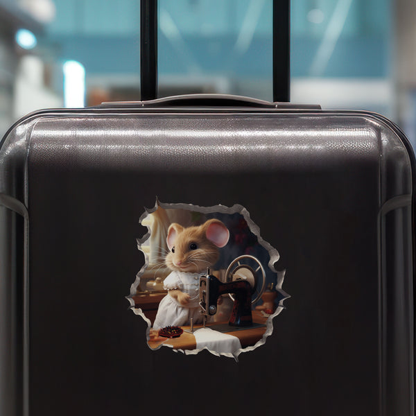 Seamstress mouse decal on luggage
