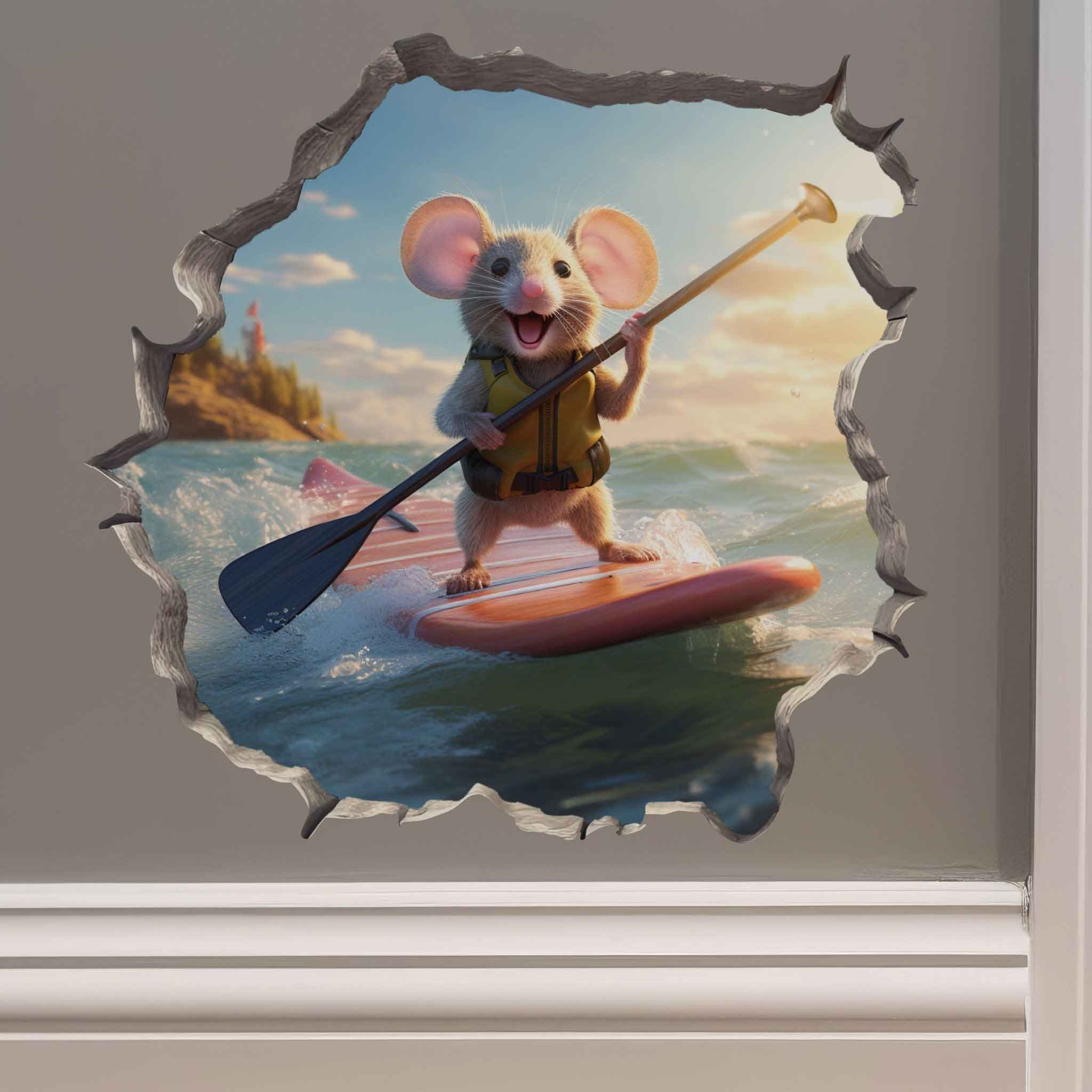 Paddleboard Mouse in Mouse Hole Decal - Mouse Hole 3D Wall Sticker