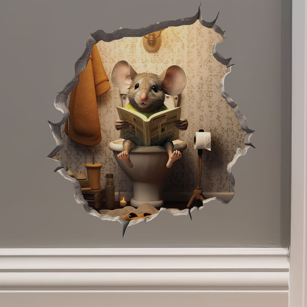Mouse sitting on toilet decal on wall