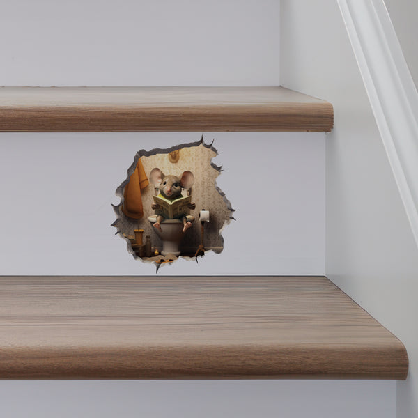 Mouse Sitting on Toilet decal on stairs