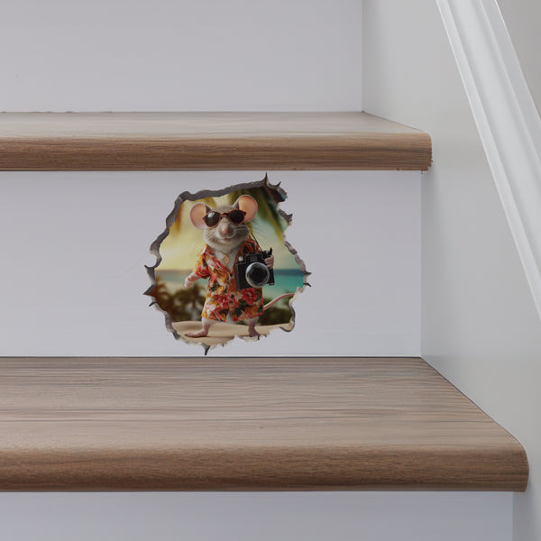 Tourist with Camera Mouse decal on stairs