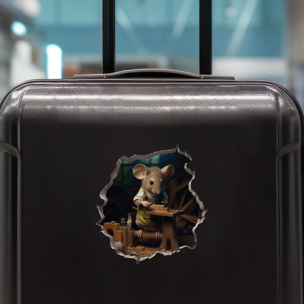 Woodworking Mouse decal on luggage
