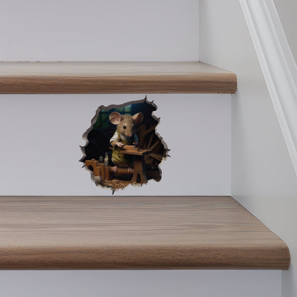 Woodworking Mouse decal on stairs