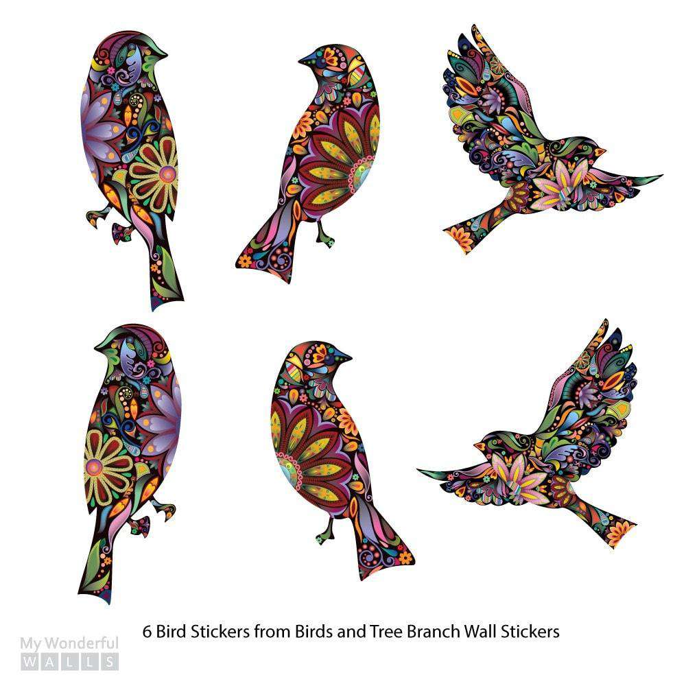 Bird Stickers in Lovely Flower Pattern - Set of 6 Bird Decals