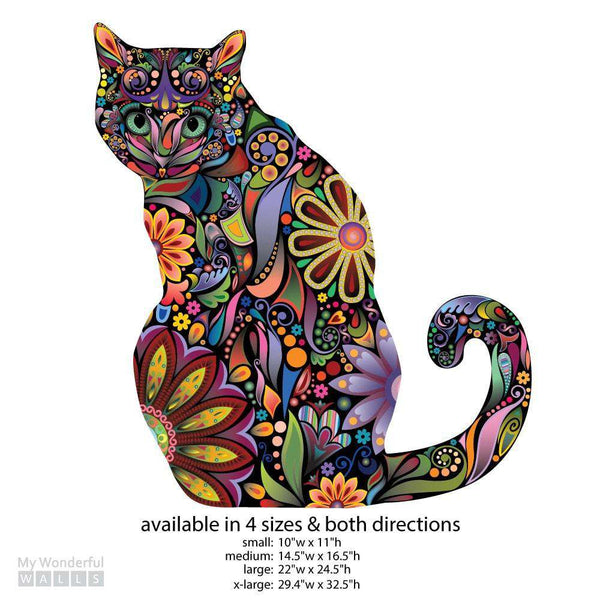 Sitting Cat Wall Sticker - Repositionable Floral Cat Wall Decal
