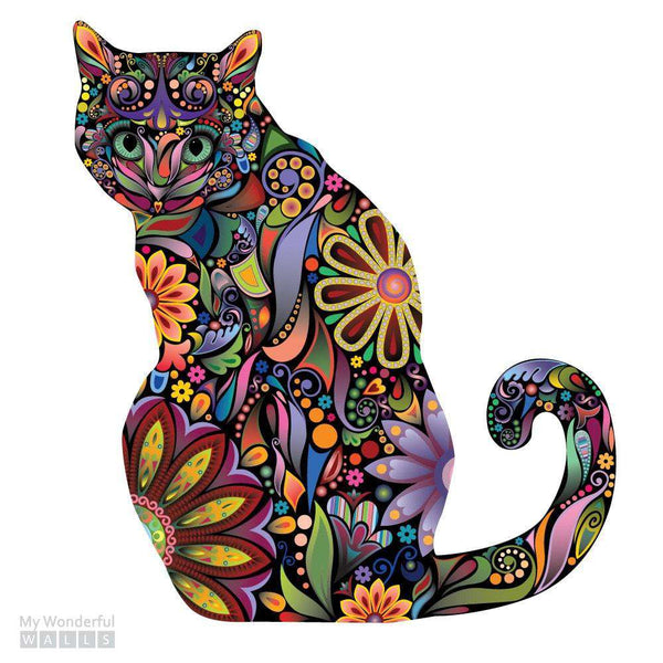Sitting Cat Wall Sticker - Repositionable Floral Cat Wall Decal