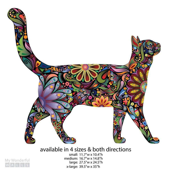 Walking Cat Wall Sticker - Repositionable Floral Cat Wall Decal