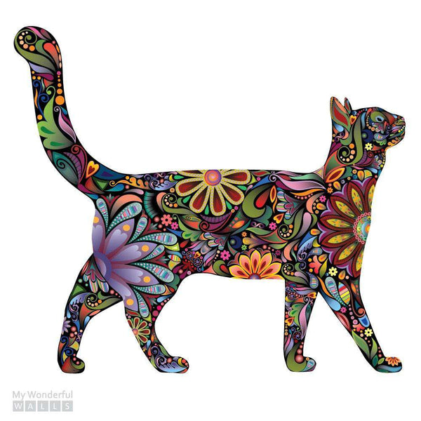 Walking Cat Wall Sticker - Repositionable Floral Cat Wall Decal