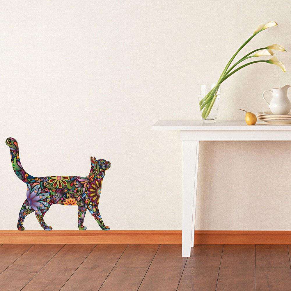 Walking Cat Wall Sticker - Repositionable Floral Cat Wall Decal