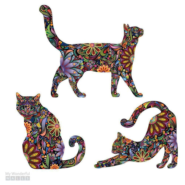 Cat Wall Sticker Trio - Set of 3 Stickers - Repositionable Cat Wall Decals in Flower Pattern