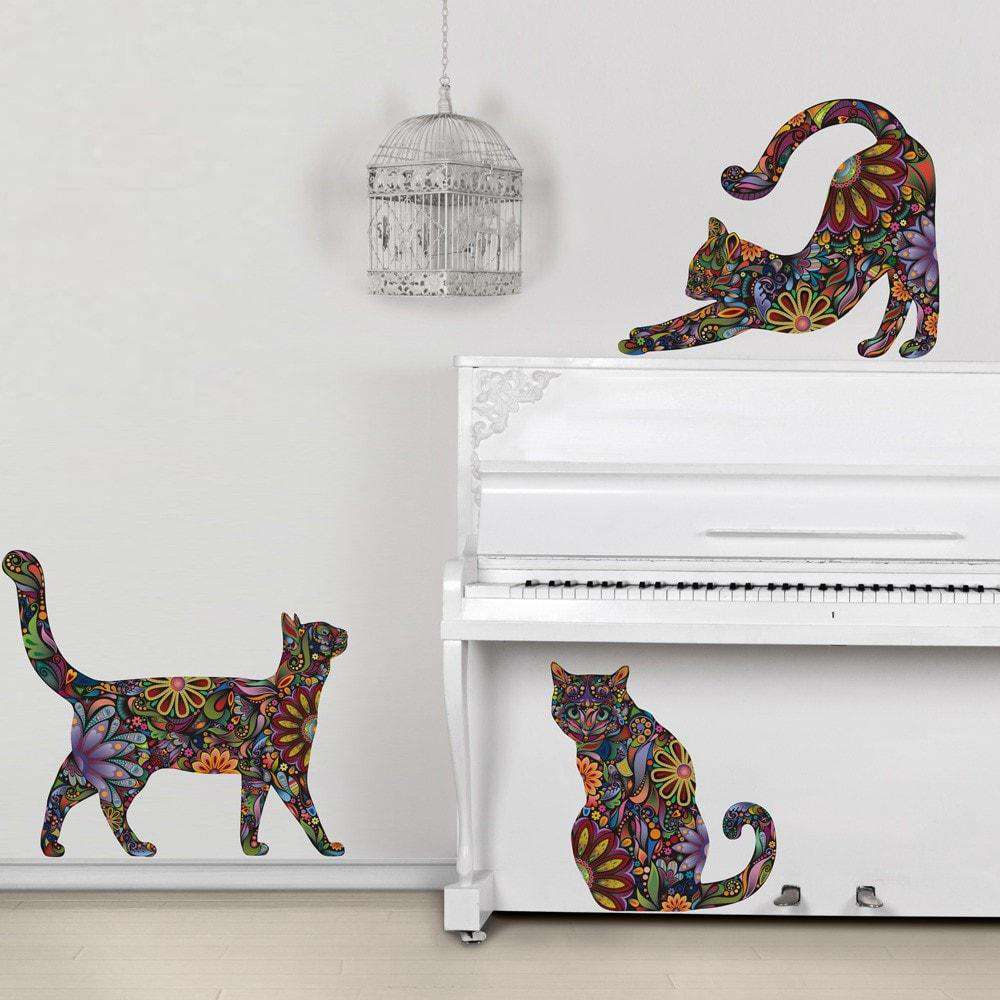 Cat Wall Sticker Trio - Set of 3 Stickers - Repositionable Cat Wall Decals in Flower Pattern