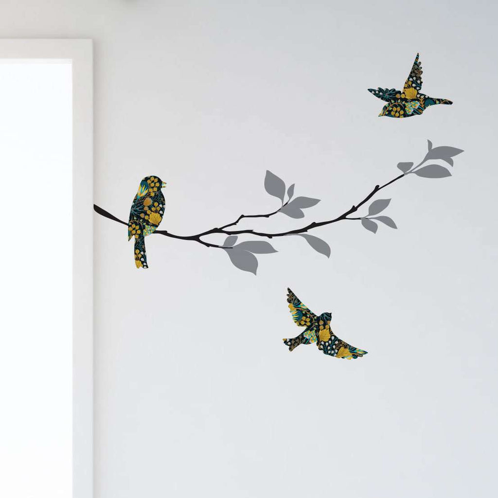 Birds and Tree Branch Wall Decal Set, Floral Harvest Pattern
