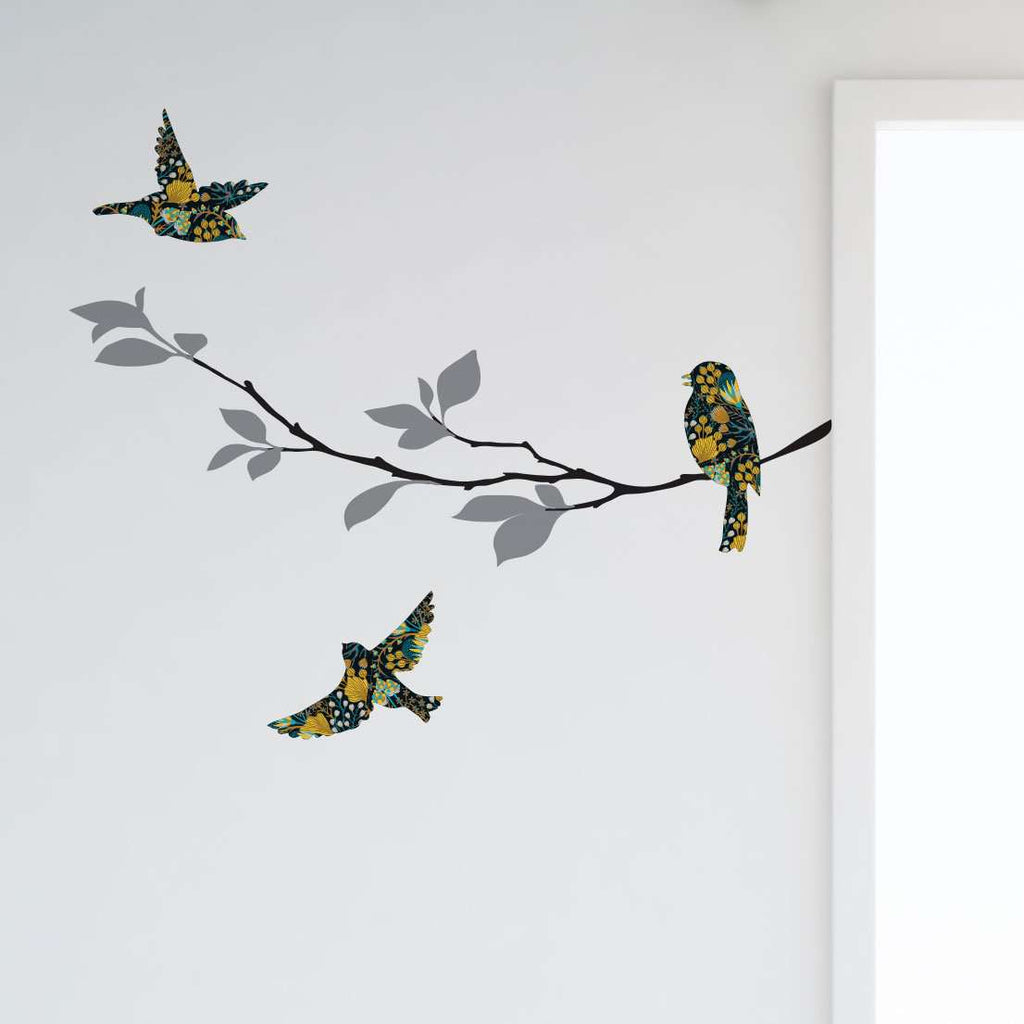 Birds and Tree Branch Wall Decal Set, Floral Harvest Pattern