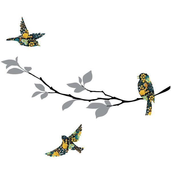 Birds and Tree Branch Wall Decal Set, Floral Harvest Pattern