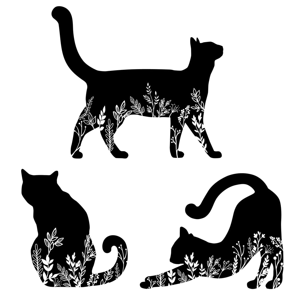 Cat decals black and white floral silhouette 