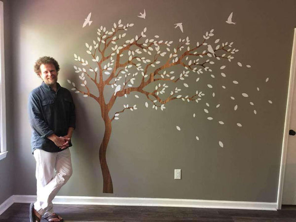 Breezy Tree Wall Decal and Bird Stickers in White and Wood Grain