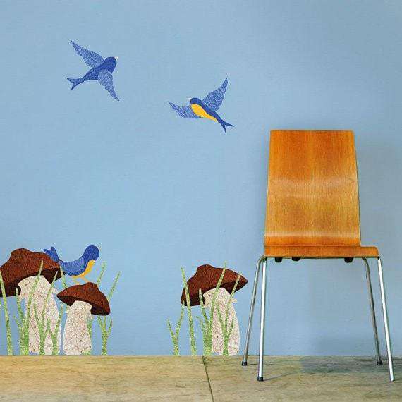 Mushrooms and Birds Wall Stickers