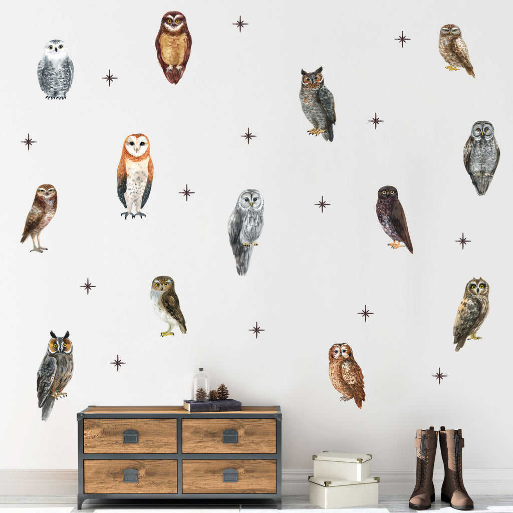 Watercolor Owl Pattern Wall Decal Set