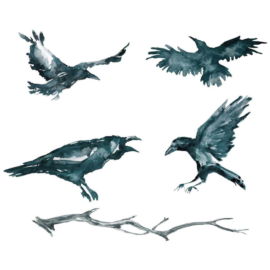 Raven Halloween Decals - Set of 4 Watercolor Ravens and Tree Branch