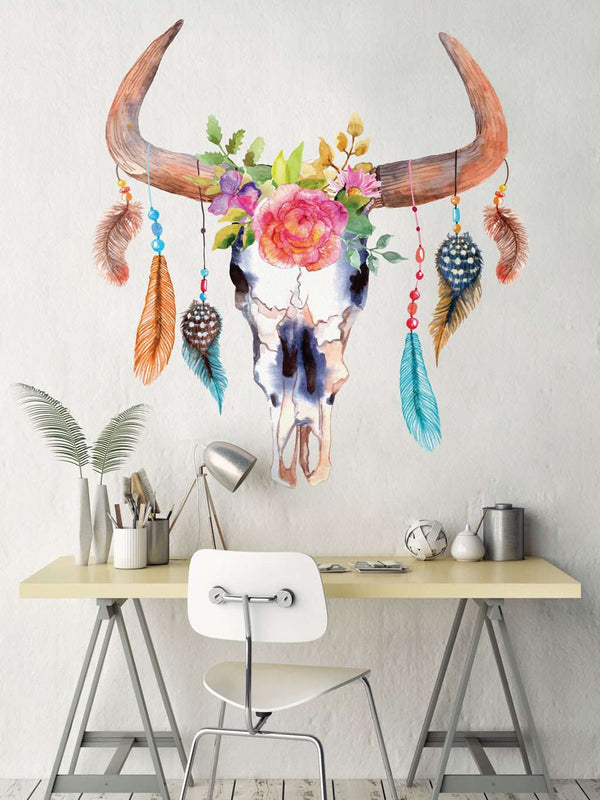 Bull Cow Skull Dreamcatcher Decal with Flowers and Feathers
