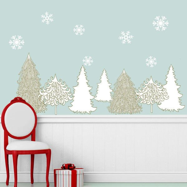 Winter Wonderland Decal Set - Holiday Wall Decor Stickers - Snowflakes & Trees